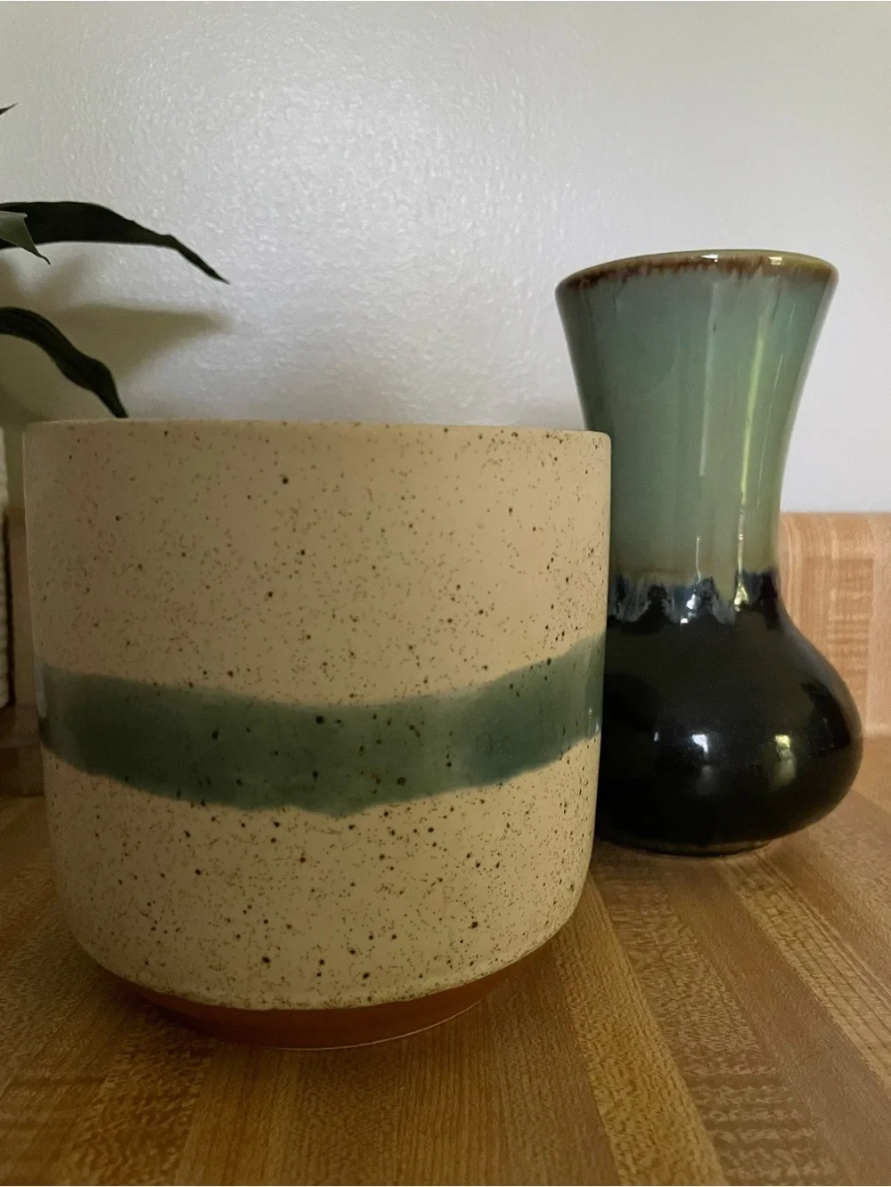 Handmade Green Glazed Ceramic Vase and Planter Set